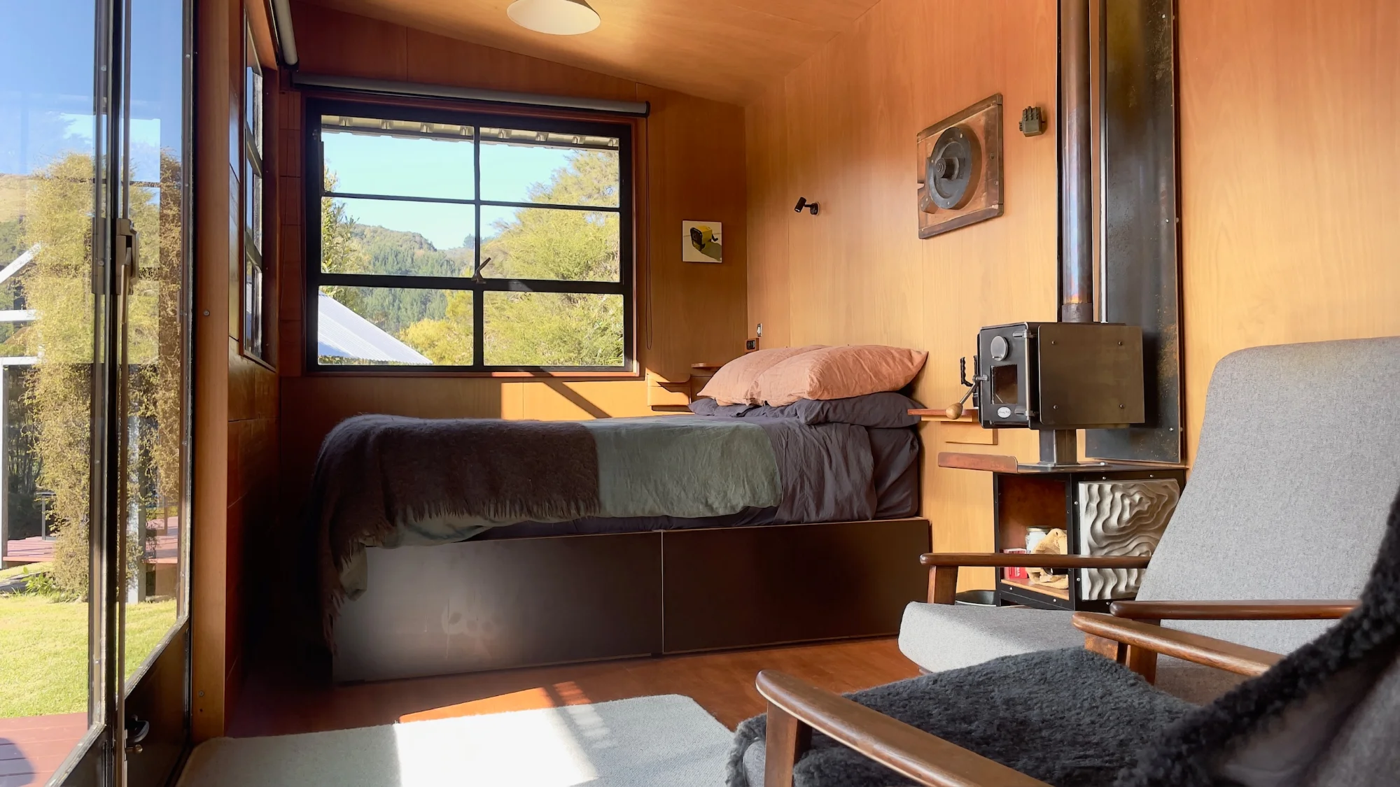Swing Bridge Huts - interior with bed