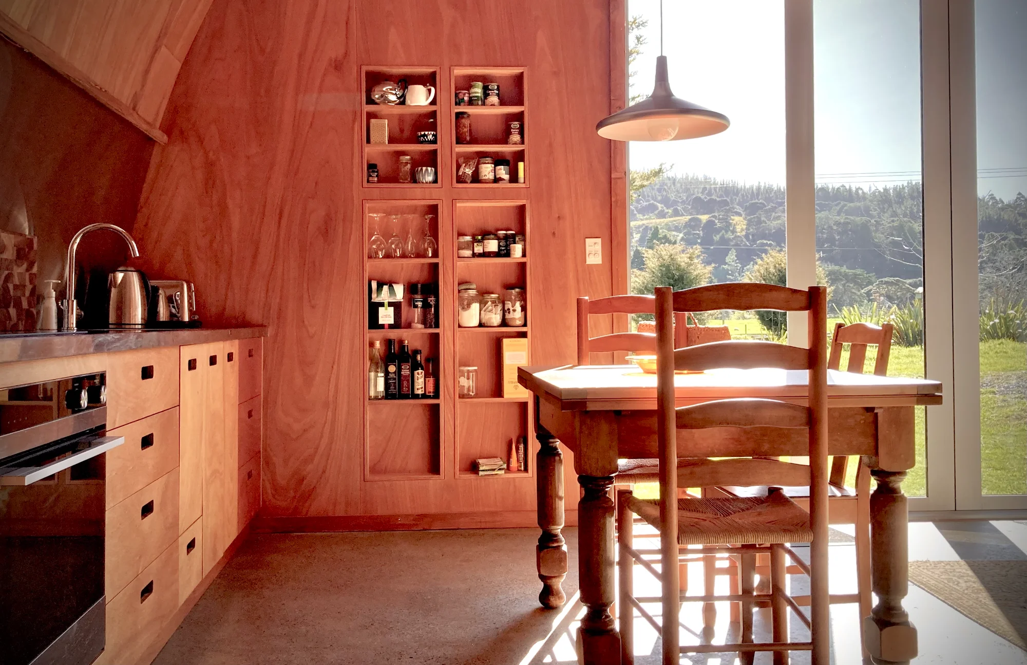Barn Bunker - kitchen and dining with valley views