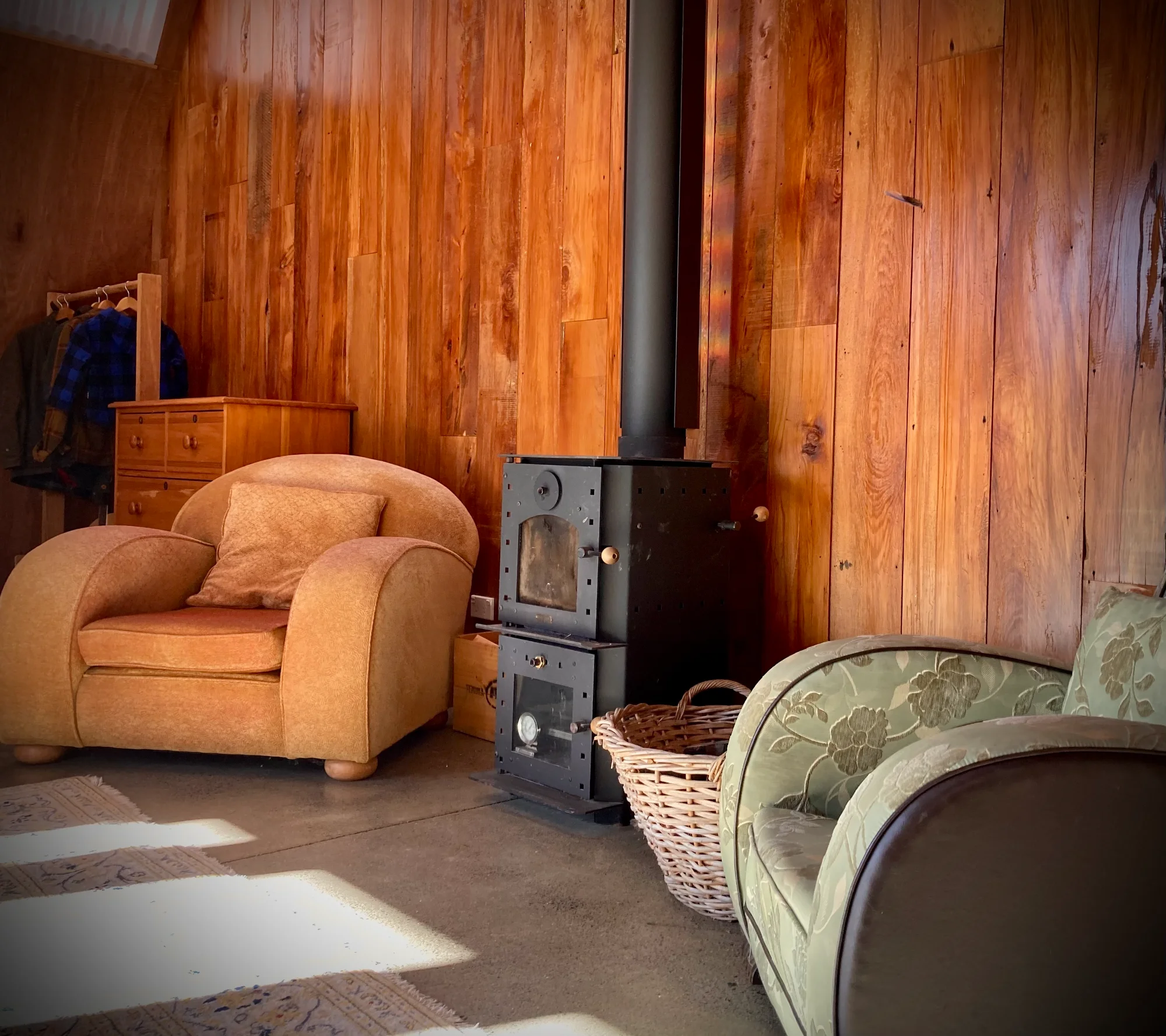 Barn Bunker - living area with fire